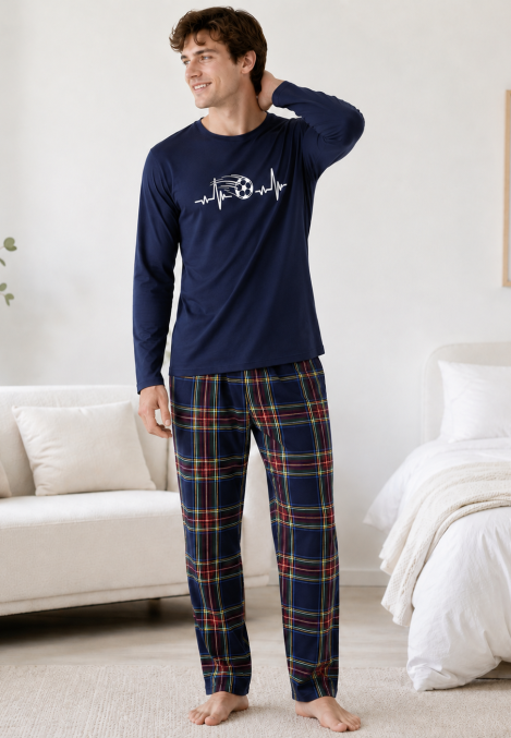 Pijama barbati Serena cu maneca lunga si pantalon lung-Bleumarin,Engros